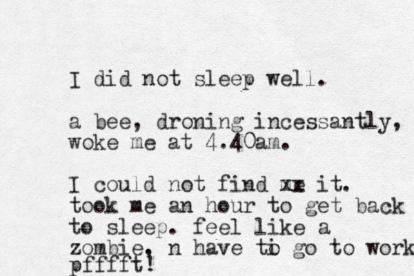 I did not sleep well. a bee, droning incessantly, woke me at 4.40am. I could not find me xx it. took me an hour to get back to sleep. feel like a zombie. , n have ti o go to work pfffft!