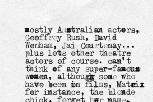 mostly Australian actors, Geoffrey Rush, David Wenham, Jai Courtenay... plus lots other theatre actors of course. can't think of any super-famous women, althougg h h some who have been o i in films, Mateix r r for instance, the blonde chick, forget hwr name e e . 