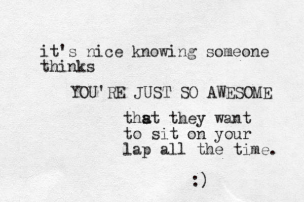 it's nice knowing someone thinks YOU'RE JUST SO AWESOME ths a at they want to sit on your lap all the time. :)