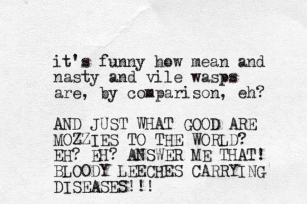 it's funny how mean and nasty and vile wasps are, by comparison, eh? AND JUST WHAT GOOD ARE MOZZIES TO THE WORLD? EH? EH? ANSWER ME THAT! BLOODY LEECHES CARRYING DISEASES!!! 