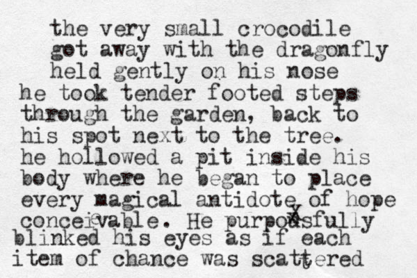 the very small crocodile got away with the dragonfly held gently on his nose he took tender footed steps through the garden, back to his spot next to the tree. he hollowed a pit inside his body where he began to place every magical antidote of hope conceivable e . He purpousfully X x blinked his eyes as if each item of chance was scattered t 