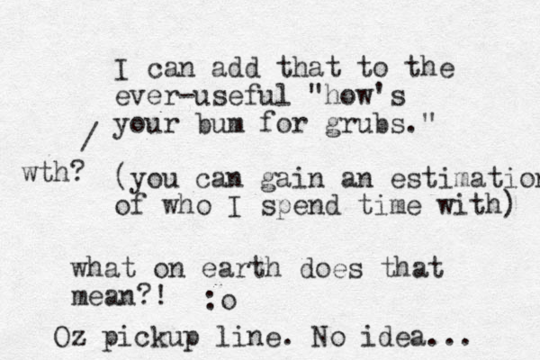 I can add that to the ever-useful "how's your bum for grubs." (you can gain an estimation of who I spend time with) / wth? what on earth does that mean?! :o Oz pickup line. No idea... 