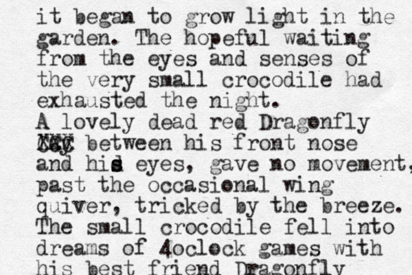 it began to grow light in the garden. The hopeful waiting from the eyes and senses of the very small crocodile had exhausted the night. A lovely dead red Dragonfly lay be XXX CCC tween his front nose and hid s s s eyes, gave no movement, past the occasional wing quiver, tricked by the breeze. The small crocodile fell into dreams of 4oclock games with his best friend Dragonfly 