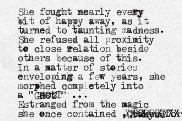 She fought nearly every bit of happy away, as it turned to taunting madness. She refused all proximity to close relation beside others because of this. In a matter of stories envelopinh g g a few years, she morphed completely into a "Gost HOST" ... Estranged from the magic she once contained , taken for Granyed XXXXXXXXXX 