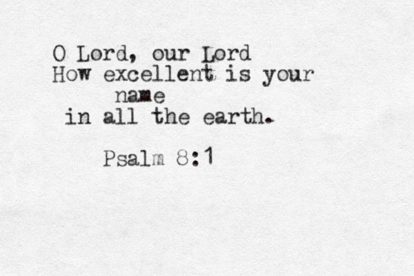 O Lord, our Lord How excellent is your name in all the earth. Psalm 8:1