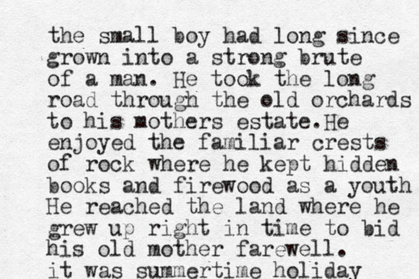 the small boy had long since grown into a strong brute of a man. He took the long road through the old orchards to his mothers estate.He enjoyed the familiar crests of rock where he kept hidden books and firewood as a youth He reached the land where he grew up right in time to bid his old mother farewell. it was summertime holiday 
