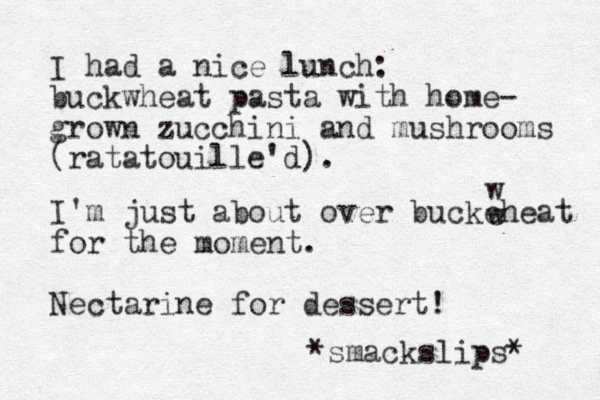 I had a nice lunch: buckwheat pasta with home- grown zucchini and mushrooms (ratatouille'd). I'm just about over buckeheat for the moment. Nectarine for dessert! *smackslips* w e w 