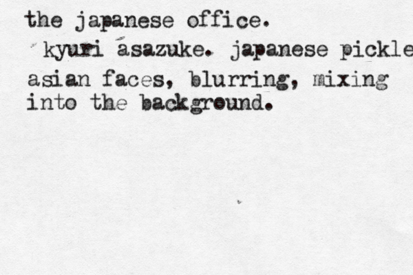 the japanese office. kyuri asazuke. japanese pickles asian faces, blurring, mixing into the background. 