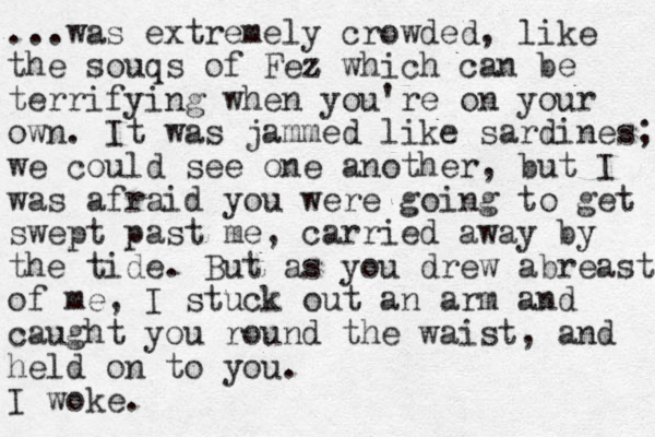 ...was extremely crowded, like the souqs of Fez z which can be terrifying when you're on your own. It was jammed like sardines; we could see one another , but I was afraid you were going to get swept past me , carried away by the tide. But as you drew abreast of me, I stuck out an arm and caught you round the waist, and held on to you. I woke.