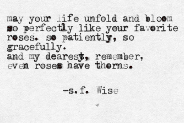 may your life unfold and bloom so perfectly like your favorite roses. so patiently, so gracefully. and my dearesy t t, remember, even roses have thorns. -s.f. Wise