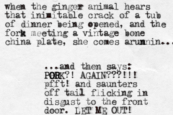 when the ginger animal hears that inimitable crack of a tub of dinner being opened, and the form k k meeting a vintage bone china plate, she comes arum n n nnin.... ...and then says: PROK OR OR R R O O P ?! AGAIN???!!! pfft! and saunters off tail flicking in disgust to the front door. LET ME OUT! 