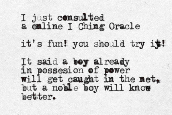 I just consulted a online I Ching Oracle it's fun! you should try iy t t! It said a boy already in possesion of power will get caught in the net, but a noble boy will knoe w better.