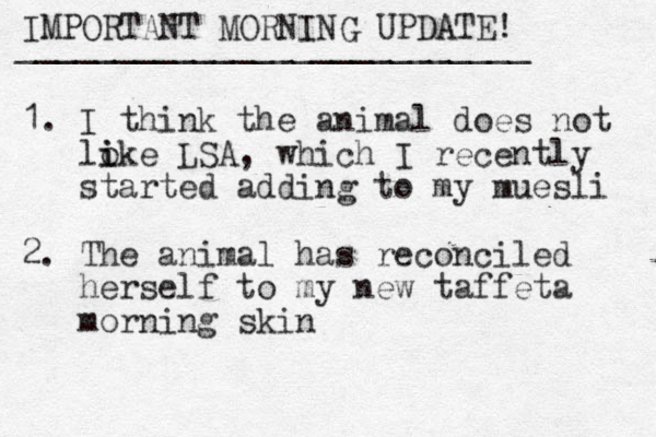 IMPORTANT MORNING UPDATE! __________________________ 1. I think the animal does not loke i i LSA , which I recently started adding to my muesli 2. The animal has reconciled herself to my new taffeta morning skin