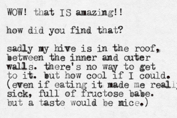 WOW! that IS amazing!! how did you find that? sadly my hive is in the roof, between the inner and outer walls. there's no way to get to it. but how cool if I could. (even if eating it made me really sick, full of fructose babe. but a taste would be mice.) n
