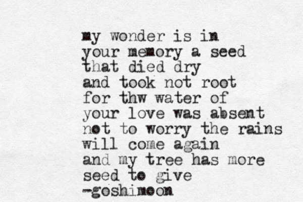 my wonder is in your memory a seed that died dry and took not root for thw water of your love was absent not to worry the rains will come again and my tree has more seed to give -goshimoon