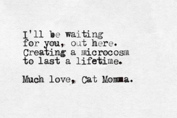 I'll be waiting for you, out here. Creating a microcosm to last a lifetime. Much love, Cat Momma.