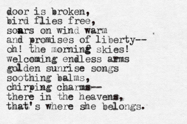 door is broken, bird flies free, son a ars on wind warm and promises of liberty-- oh! the morninf g g skies! welcoming endless arms golden sunrise songs soothing balms, chirping charms-- there in the heavens, that's where she belongs. 