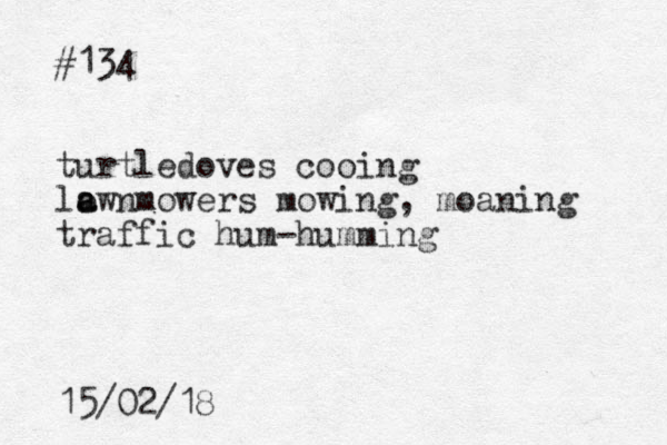 #134 turtledoves cooing lo a awnmowers mowing, moaning traffic hum-humming 15/02/18