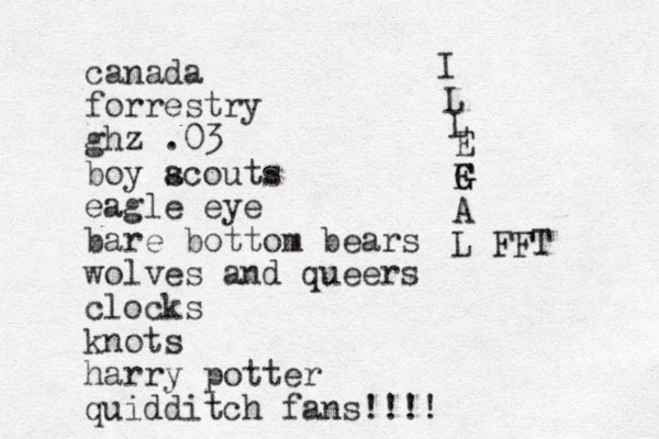canada forrestry ghz .03 boy a scouts eagle eye bare bottom bears wolves and queers clocks knots harry potter quidditch fans!!!! I L L E F G G A L FFT 