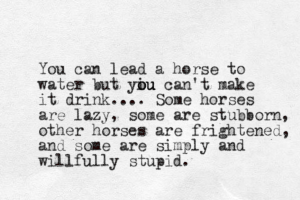 You can lead a horse to water but yiu ou ou can't make it drink.... Some horses are lazy, z some are stubborn, other horses are frightened, and some are simply and willfully stupid.