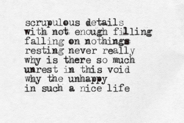 scrupulous details with not enough filling falling on nothings resting never really why is there so much unrest in this void why the unhappy in such a nice life