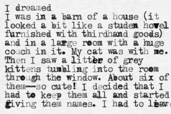 I dreamed I was in a barn of a house (it looked a bit like a studen how v vel furnished with thirdhand goods) and in a large room with a huge couch in it. My cat was with me. Then I saw a little er er e er of grey kittens tumbling into the room through the window. About six of them--so cute! I decided that I had to keep them all and started f g giving them names. I had to li e eave v 