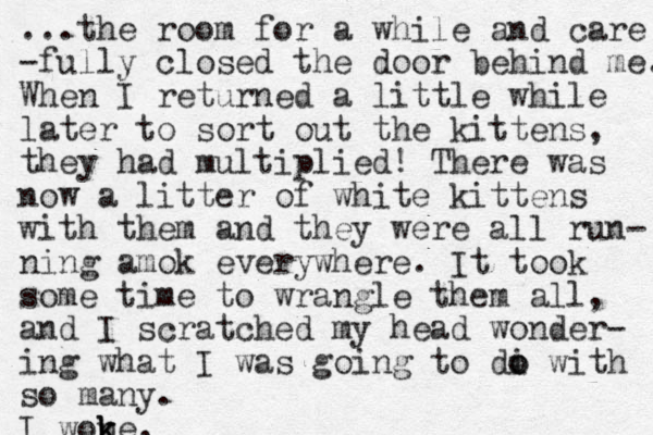 ...the room for a while and care -fully closed the door behind me. When I returned a little while later to sort out the kittens, they had multiplied! There was now a litter of white kittens with them and they were all run- ning amok everywhere. It took some time to wrangle them all , and I scratched my head wonder- ing what I was going to di o o with so many. I wone k k k .