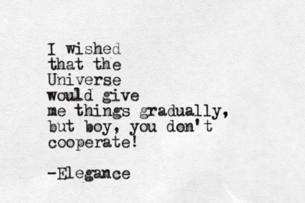I wished that the Universe would give me things gradually, but boy, you don't cooperate! -Elegance