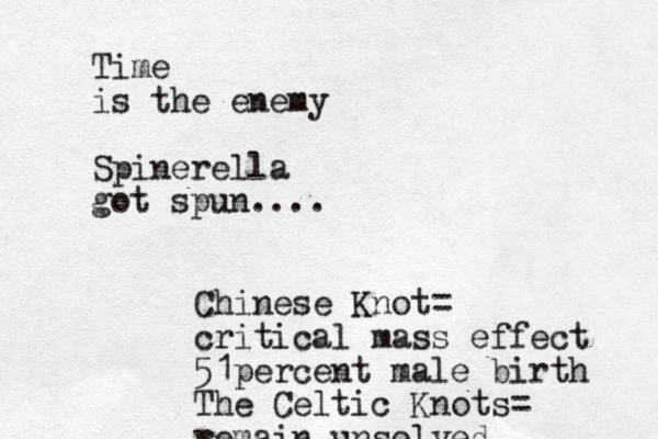 Time is the enemy Spinerella got spun.... Chinese Knot= critical mass effect 51percent male birth The Celtic Knots= remain unsolved 