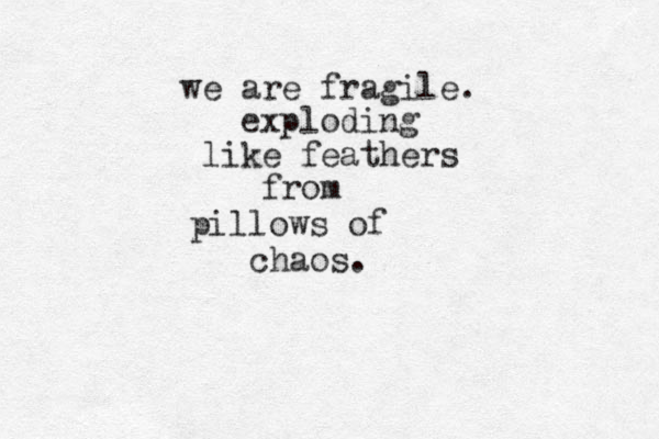 we are fragile. exploding like feathers from pillows of chaos. 
