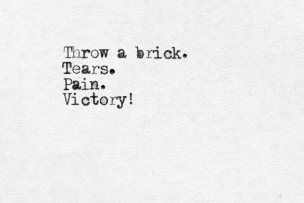 Throw a brick. Tears. Pain. Victory!