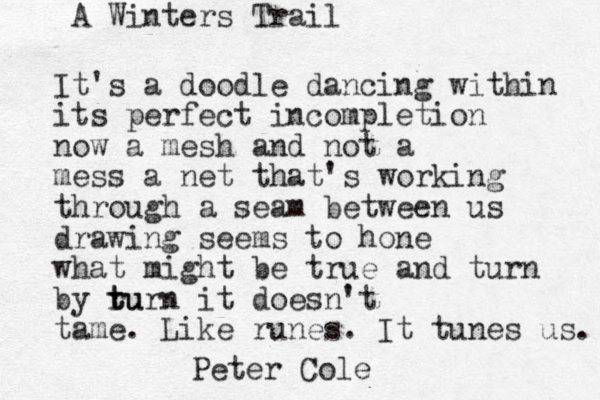 It's a doodle dancing within its perfect incompletion now a mesh and not a mess a net that's working through a seam between us drawing seems to hone what might be true and turn by r t turn u it doesn't tame. Like runes. It tunes us. Peter Cole A Winters Trail 