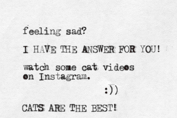 feeling sad? I HAVE THE ANSWER FOR YOU! watch some cat videos on Instagram. :)) ) CATS ARE THE BEST! 