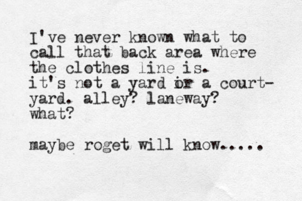I've never known what to call that back area where the clothes line is. it's not a yard ir o a court- yard. alley? laneway? what? maybe roget will know..... 