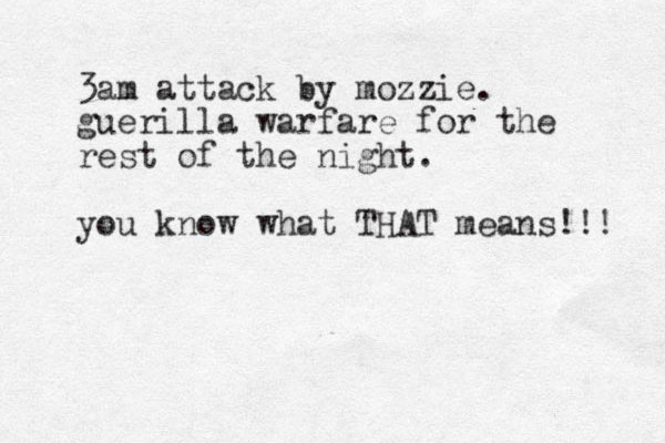 3am attack by mozzie. guerilla warfare for the rest of the night. you know what THAT means!!! 