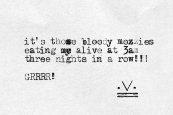 it's those bloody mozzies eating my a e e live at 3am three nights in a row!!! GRRRR! .\/. ==== 