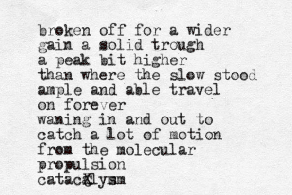 broken off for a wider gain a solid trough a peak bit higher than where the slow stood ample and able travel on forever waning in and out to catch a lot of motion from the molecular propulsion catacalym sm C X