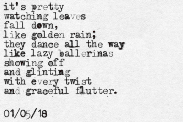 it's pretty watching leaves fall down, like golden rain; they dance all the way like lazy ballerinas showing off and glinting with every twist and graceful flutter. 01/05/18