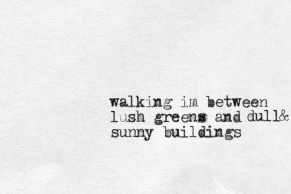 walking im between lush greens and sunny buildings dull& 