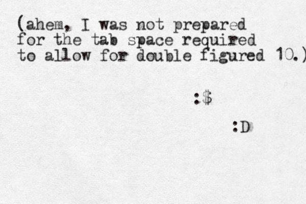 (ahem, I was not prepared for the tab space required to allow for double figured 10.) :$ :D 