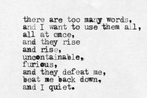 there are too many words, and I want to use them all, all at once, and they rise and rise, uncontainable, furious, and they defeat me, beat me back down. , and I quiet. 