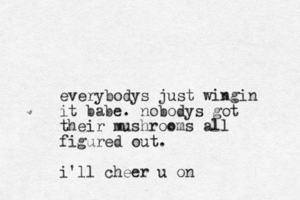 everybodys just wingin it babe. nobodys got their mushrooms all figured out. i'll cheer u on 