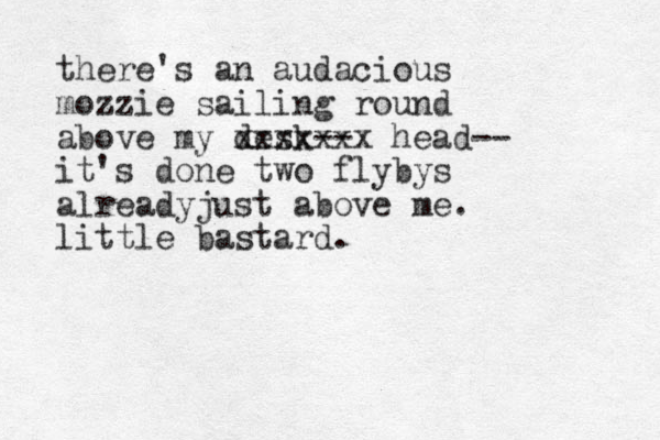 there's an audacious mozzie sailing round above my desk-- xxxxxxx head-- it's done two flybys alreadyjust above me. little bastard.