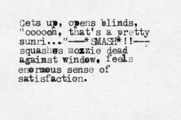 Gets up, opens blinds, "oooooh, that's a pretty sunri..." ---*SMASH*!!--- squashws e e mozzie x z z dead against window. , feels enormous sense of satisfaction.