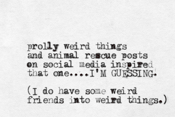 prolly weird things and animal rescue posts on social media inspired that one....I'M GUESSING. (I do have some weird friends into weird things.) 