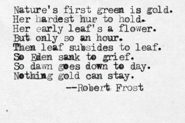 Nature's first green is gold. Her hardest hur e to hold. Her early leaf's a flower. But only so an hour. Then leaf subsides to leaf. So Eden sank to grief. So dawn goes down to day. Nothing gold can stay. --Robert Frost 