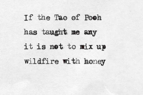If the Tao of Pooh has taught me any it is not to mix up wildfire with honey