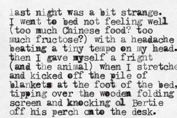 last night was a bit strange. I went to bed not feeling well (too much Chinese food? too much fructose?) with a headache beating a tiny tempo on my head. then I gave myself a fright (and the animal) when I stretche and kicked off the pile of blankets at the foot of the bed, tipping over the wooden folding screen and knocking ol Bertie off his perch onto the desk. 
