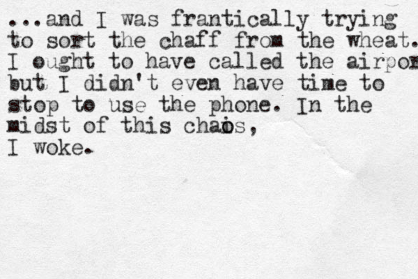 ...and I was frantically trying to sort the chaff from the wheat. I ought to have called the airport but I didn't even have time to stop to use the phone. In the midst of this chais o o , I woke.