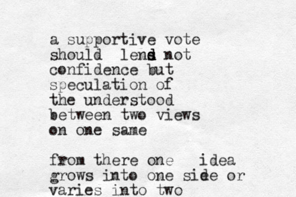 a supportive vote should lens d d s d not confidence but speculation of the understood between two views on one same from there one idea grows into one sie de or varies into two